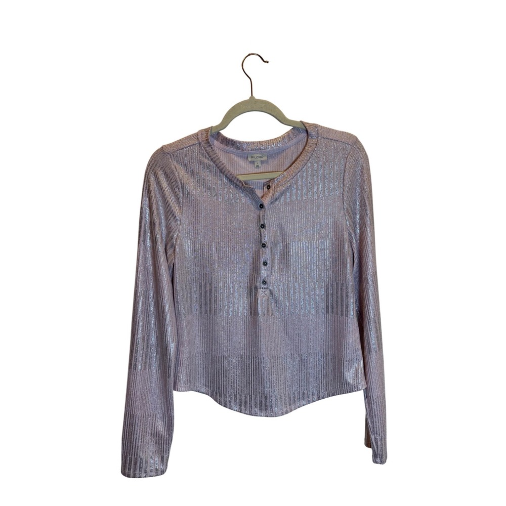 Pilcro Anthropologie Metallic Pink Silver Ribbed Henley Long Sleeve Size Large